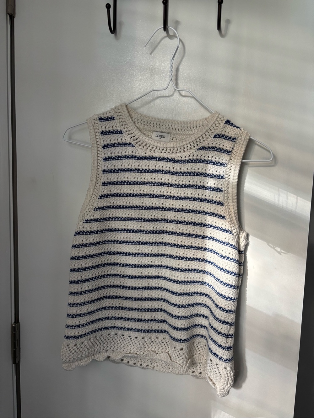 J. Crew 100% Cotton American Prep Cream Crochet Tank with Navy Stripes